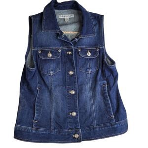 Chico’s Platinum Denim Vest Womens SIZE 0 Bling Buttons Pockets